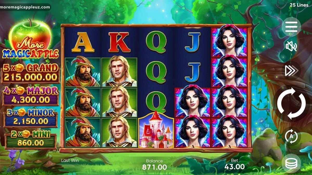 More Magic Apple g‘ildiraklarida qizil Bonus va sariq Oltin olma belgilari yaqindan