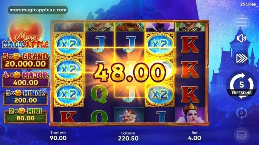 More Magic Apple Free Spins rejimi: Multiplier Wild va scatter belgilari ekranda